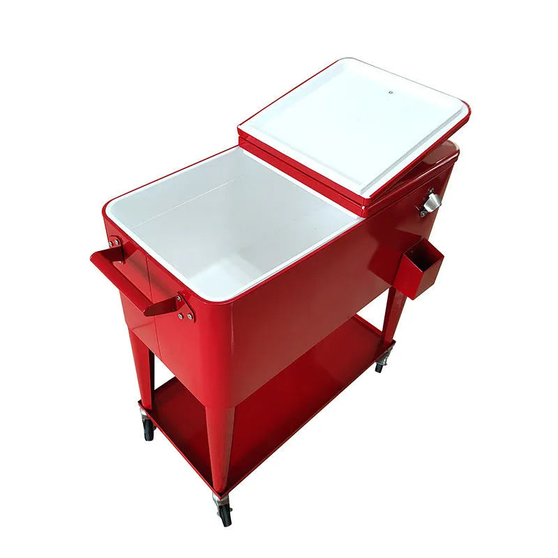 Red outdoor metal insulated trolley with 750ml capacity for beverage temperature control during picnics