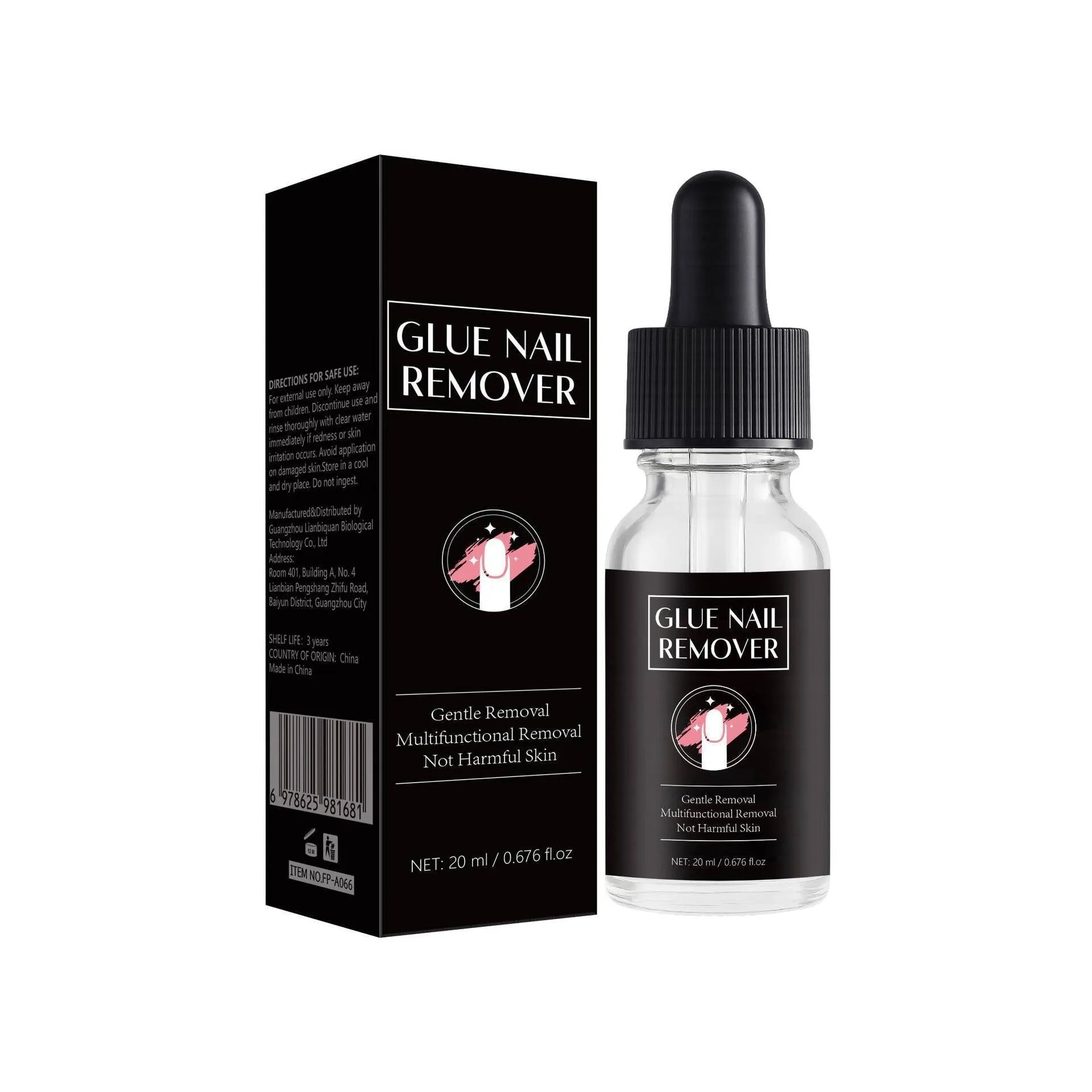 FP-A066 nail glue remover bottle with brush applicator, 20ml content.