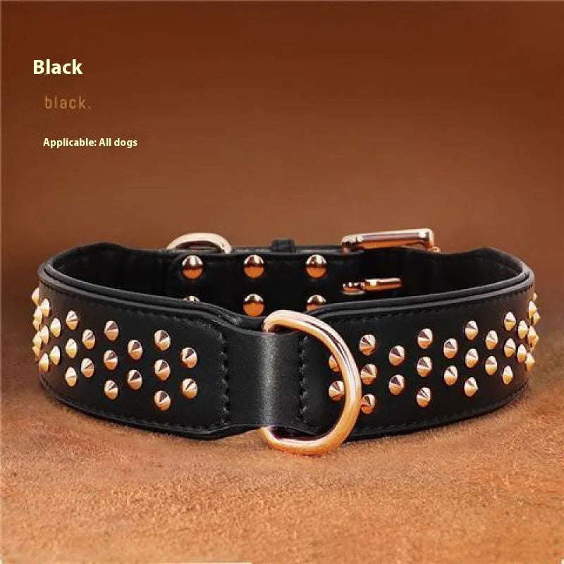 Leather dog collar with metal rivets in chocolate brown, shown in size L