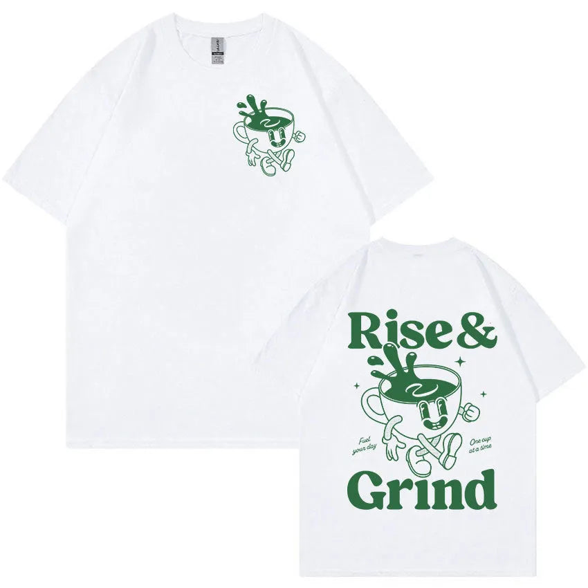 Loose fit linen t-shirt with Rise and Grind cartoon graphic print in multiple colours