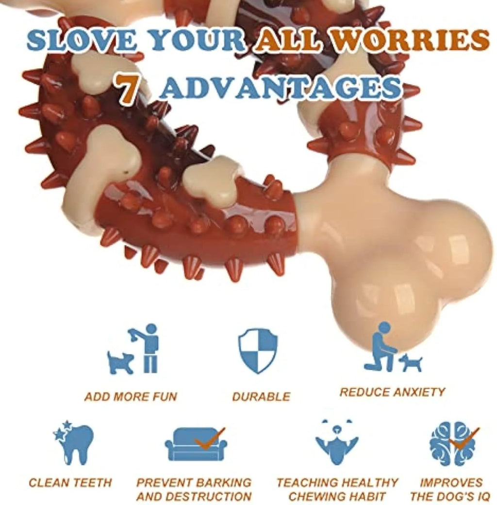Natural rubber bone-shaped dog molar chew toy shown in two sizes for teeth grinding