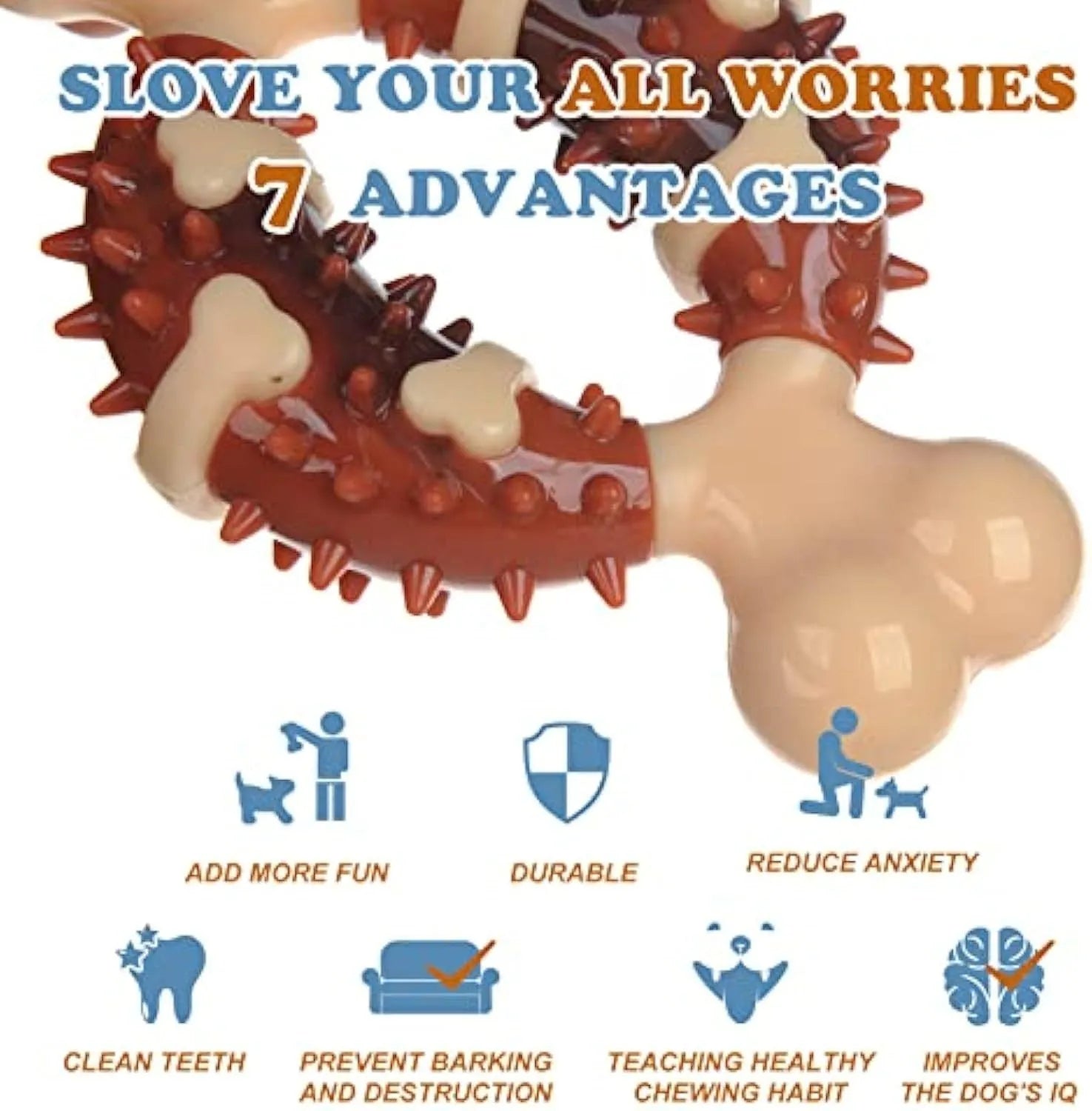 Natural rubber bone-shaped dog molar chew toy shown in two sizes for teeth grinding