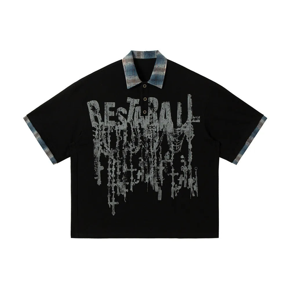 Men's loose blue cotton top with asymmetric design and graffiti print on the lapel.