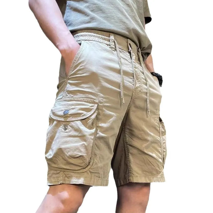 Korean style loose straight overalls trousers with multiple pockets in micro-elastic polyester