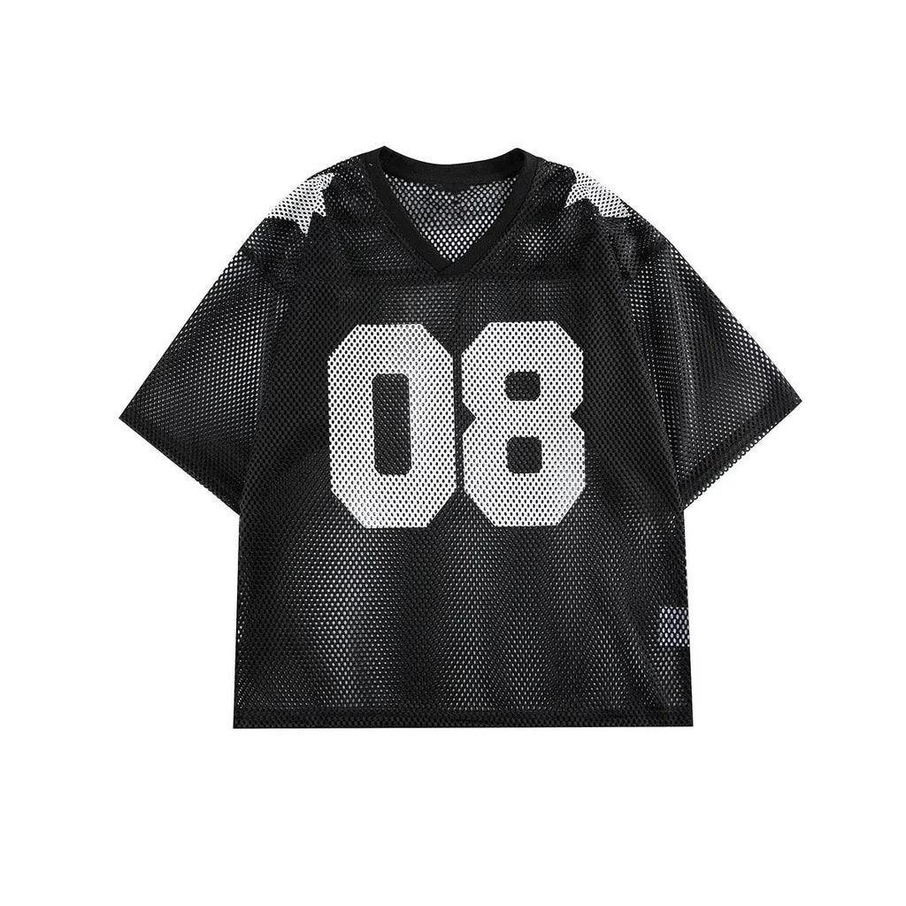 Black loose fit pullover shirt with a white letter pattern across the chest, modelled on a mannequin.