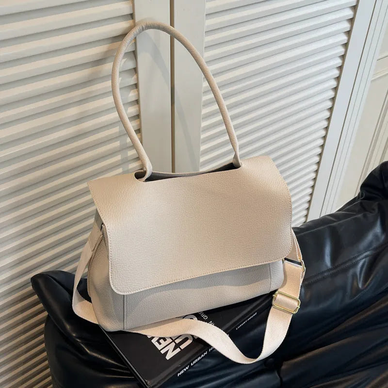 Horizontal square PU leather tote bag in vintage casual style with double shoulder straps.