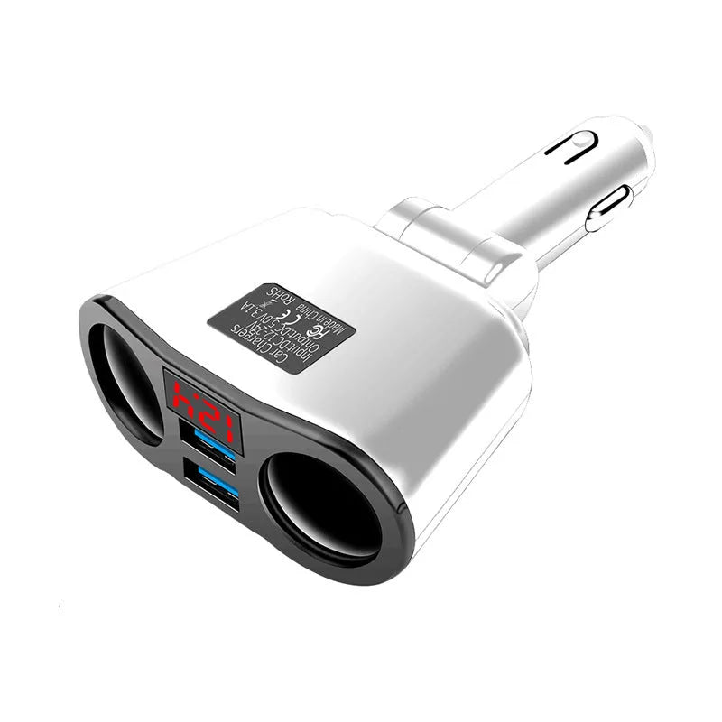 Car Bluetooth FM transmitter MP3 player plugged into vehicle cigarette lighter socket showing LED indicator