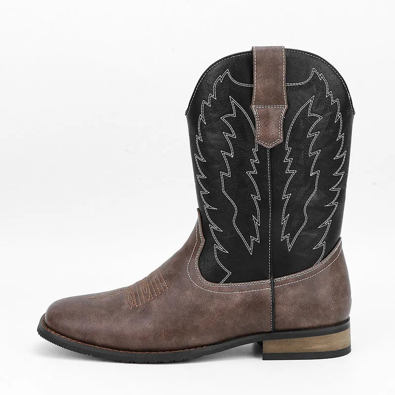 Men's western denim square toe motorcycle boots in black artificial leather with mid-calf length