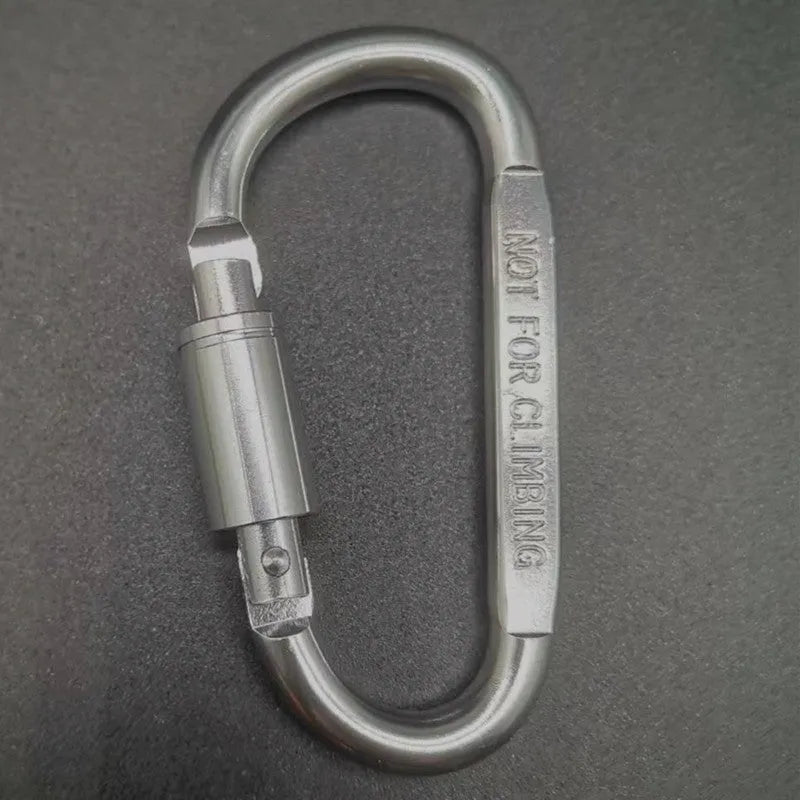 Aluminium D-type locking carabiner showing 8cm flat measurement in various colour options