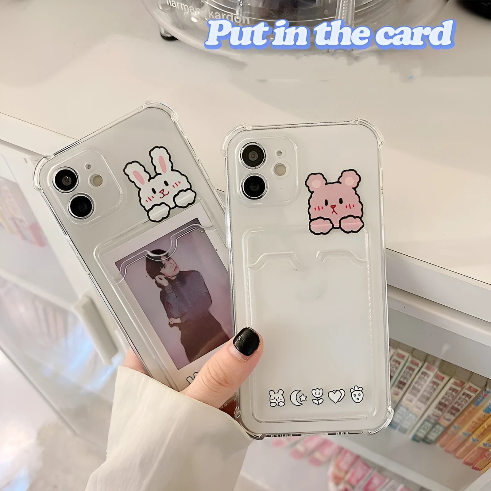 Cartoon transparent phone case with card slots for iPhone, shown in BQ2472 colour option.