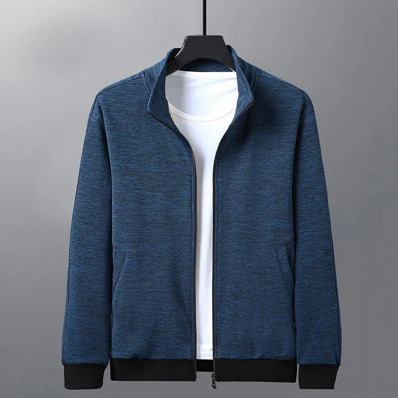 Men's black casual jacket with a stand-up collar and front zip in an athletic fit