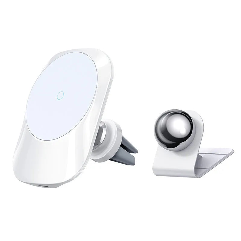Black magnetic car wireless charger mounted on vehicle air vent with smartphone attached