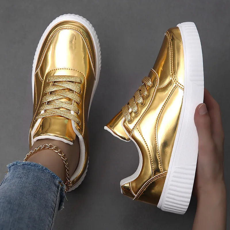 Rose gold sequinned platform sneakers with round toe and thick MD sole