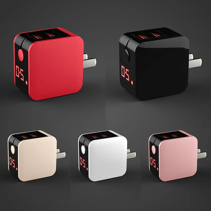5V2A dual USB fast travel charger with digital display shown in black, next to EU and US plug options.