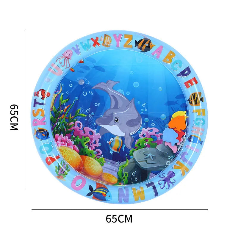 Square blue water sensory playmat for cats on floor, showing ocean fish design and floating toys inside.