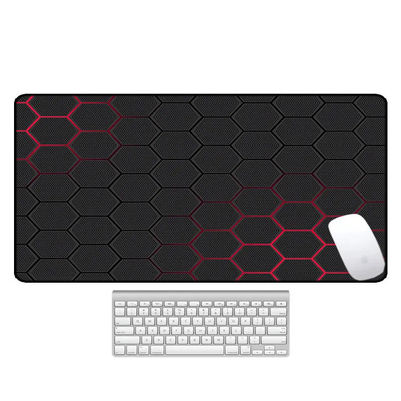 Large natural rubber desk pad with graphic print, showing non-slip base and size options for mouse and keyboard.