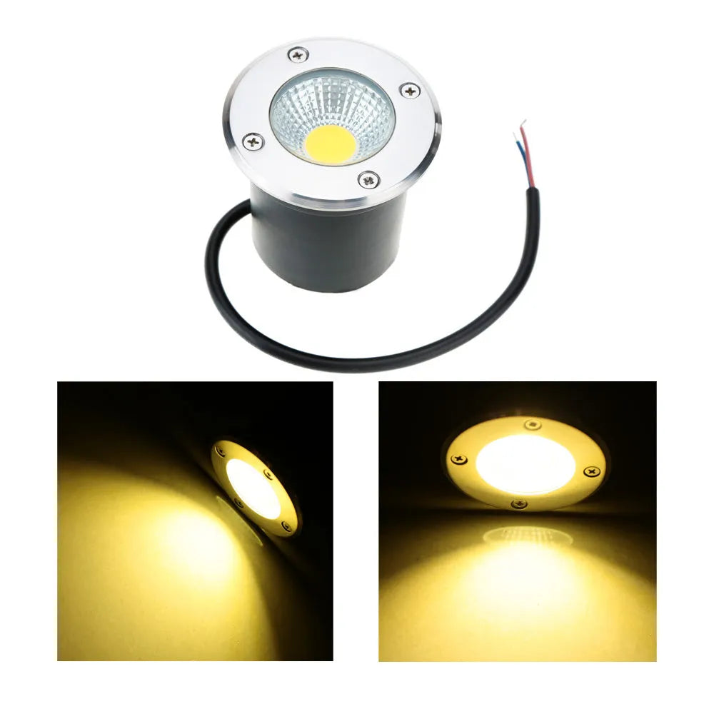 Black round LED COB underground light for outdoor garden and pathway illumination.