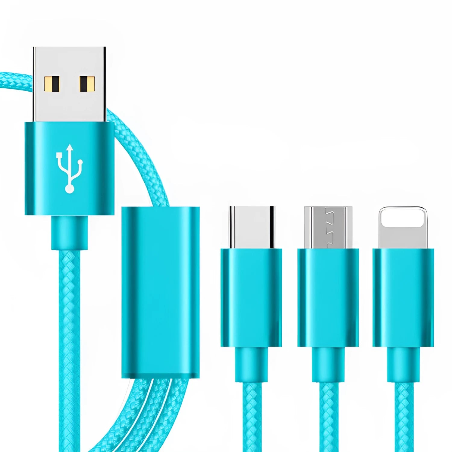 Three-in-one mobile phone charging cable with Micro USB, Type-C and Lightning connectors in various colours