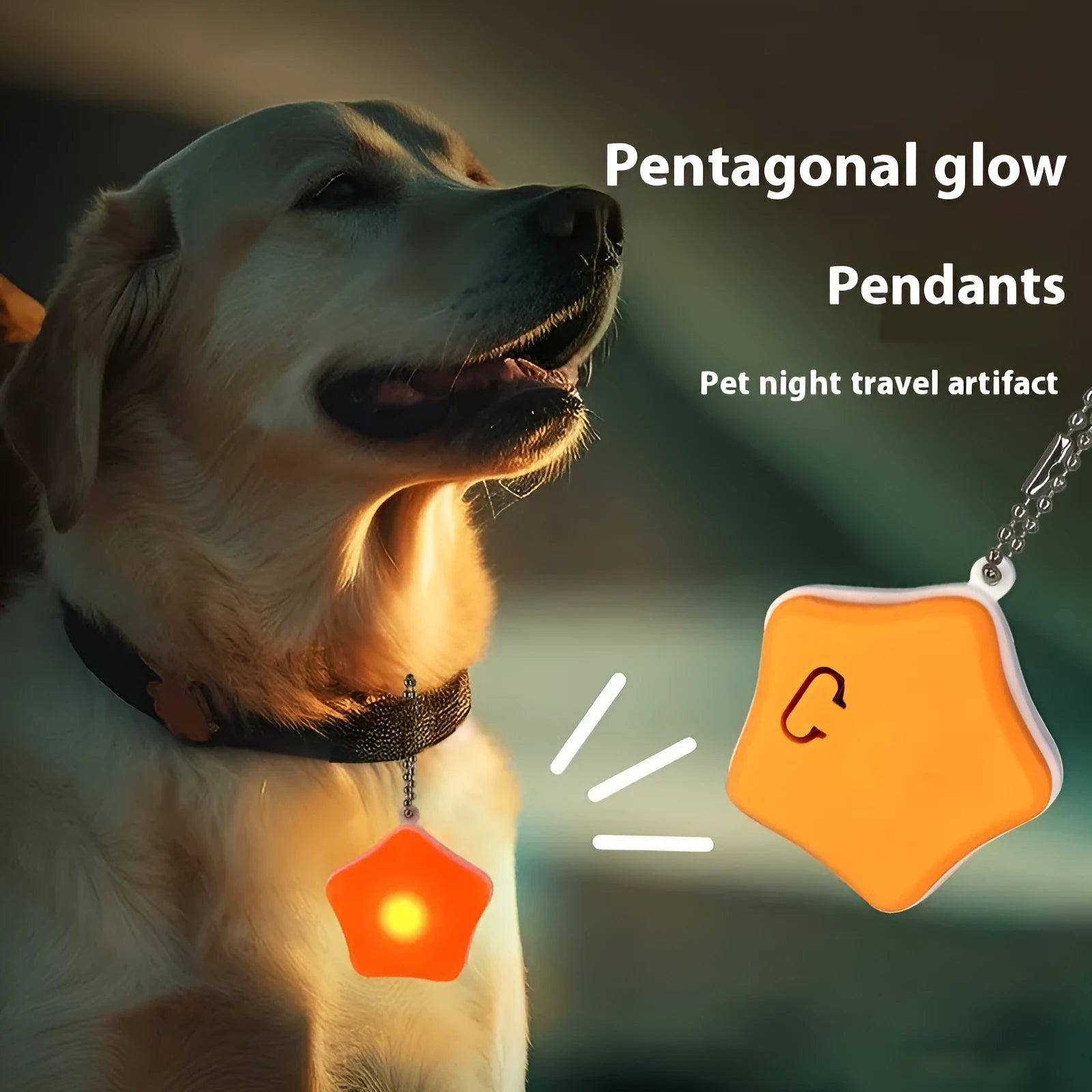 Blue rechargeable silicone pet pendant light attached to dog collar showing three lighting modes