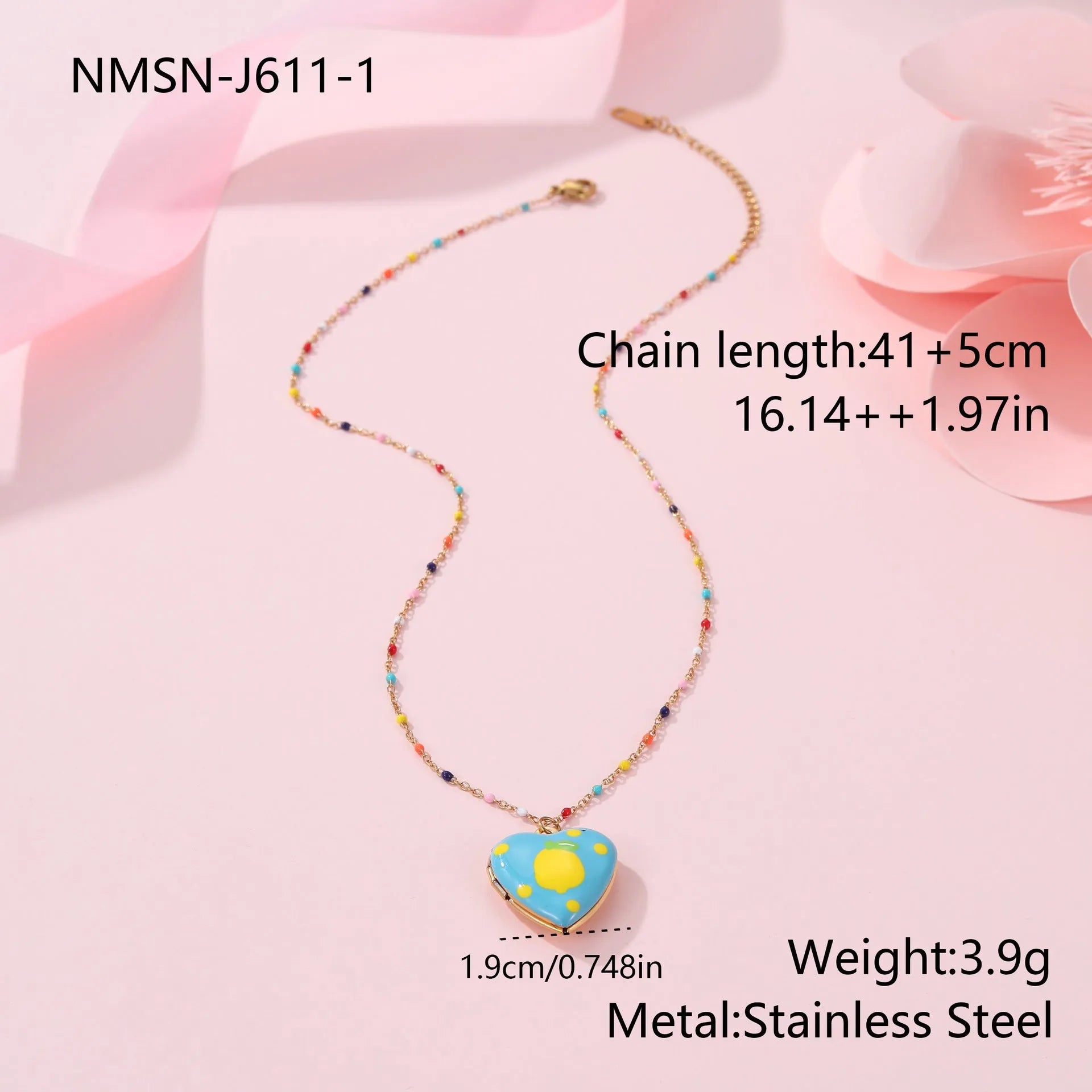 Women's stainless steel necklace with 18K gold plating showing heart pendant with fruit designs