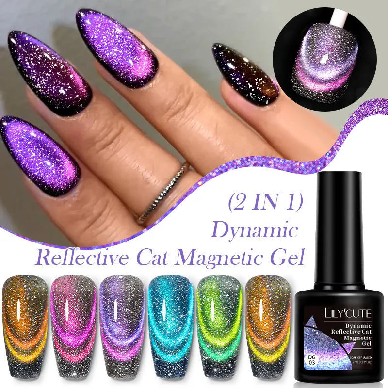 Cat eye nail polish gel with glitter and diamond fragments in six colour variations numbered 01 to 06
