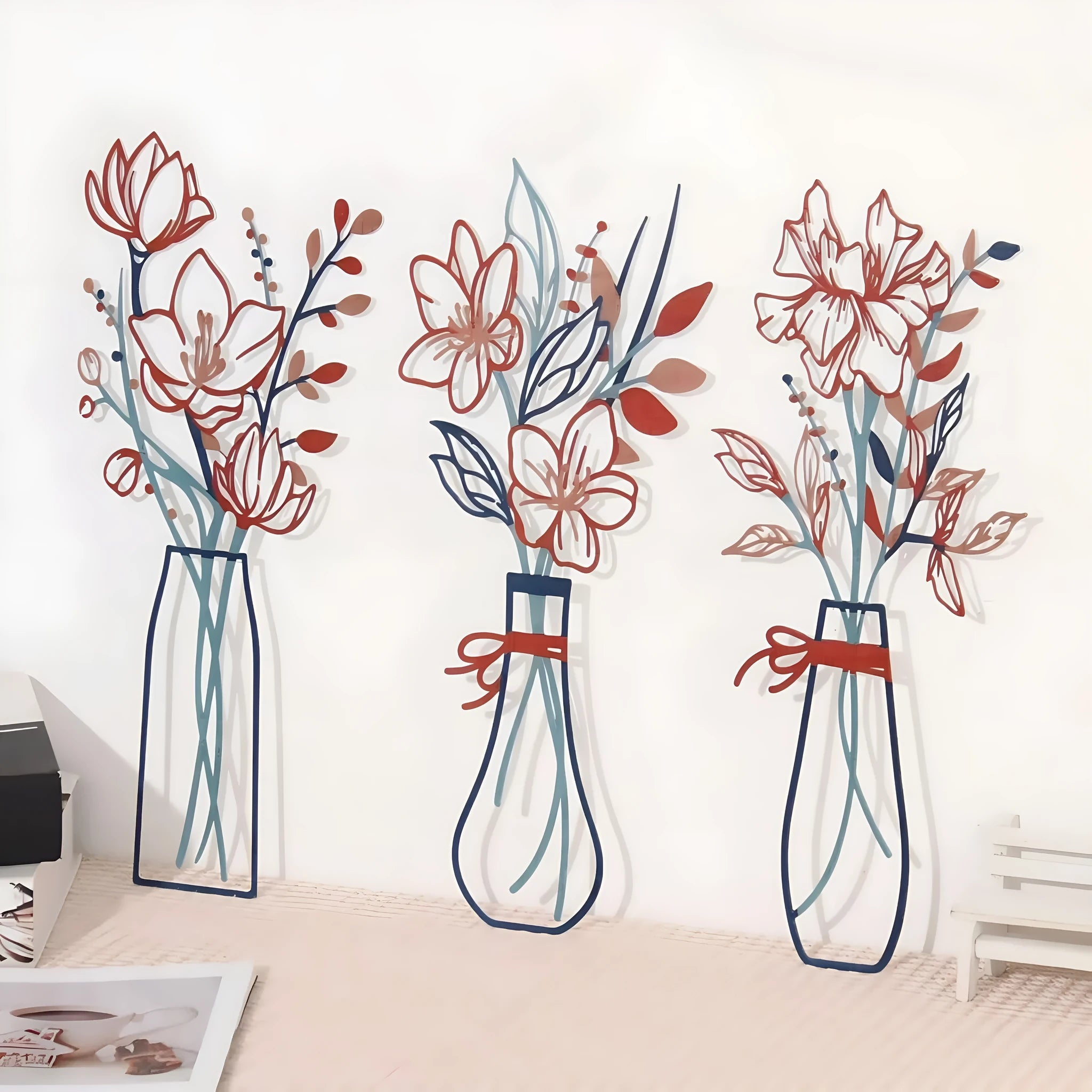 Three-piece metal flowers wall art set in country farmhouse style for bathroom or living room decoration