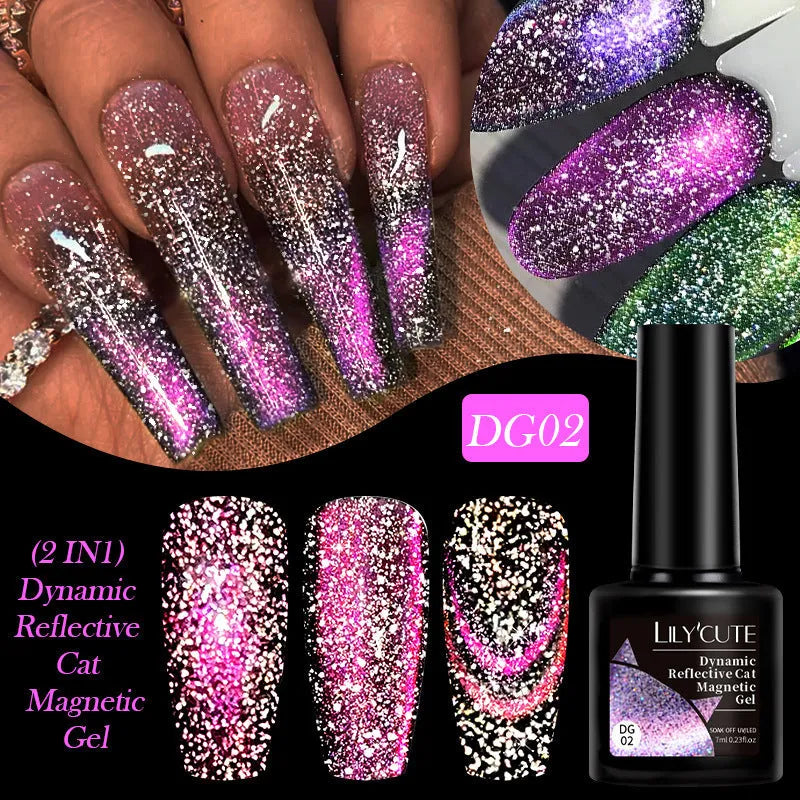 Cat eye nail polish gel with glitter and diamond fragments in six colour variations numbered 01 to 06