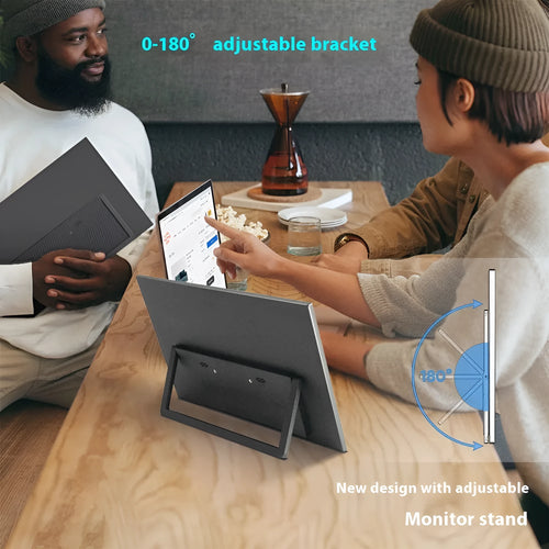 Black 15.6-inch portable monitor on an adjustable stand showing a desktop display.