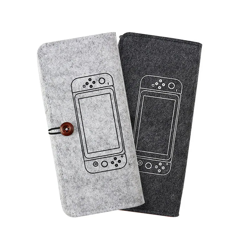Black felt Nintendo Switch pouch with game card slots and double storage compartments