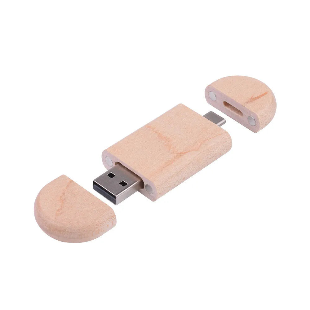 Wooden USB flash drive with carved maple box and USB-C connector for mobile phones