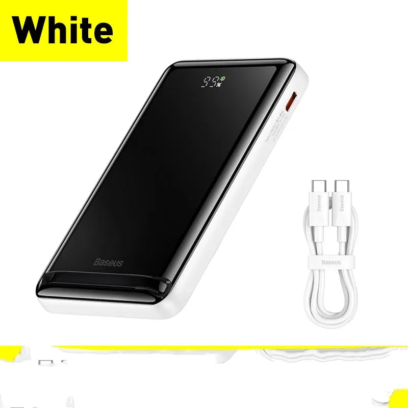 Blue 3-in-1 slim magnetic power bank with polymer lithium ion battery showing 117.3mm dimensions