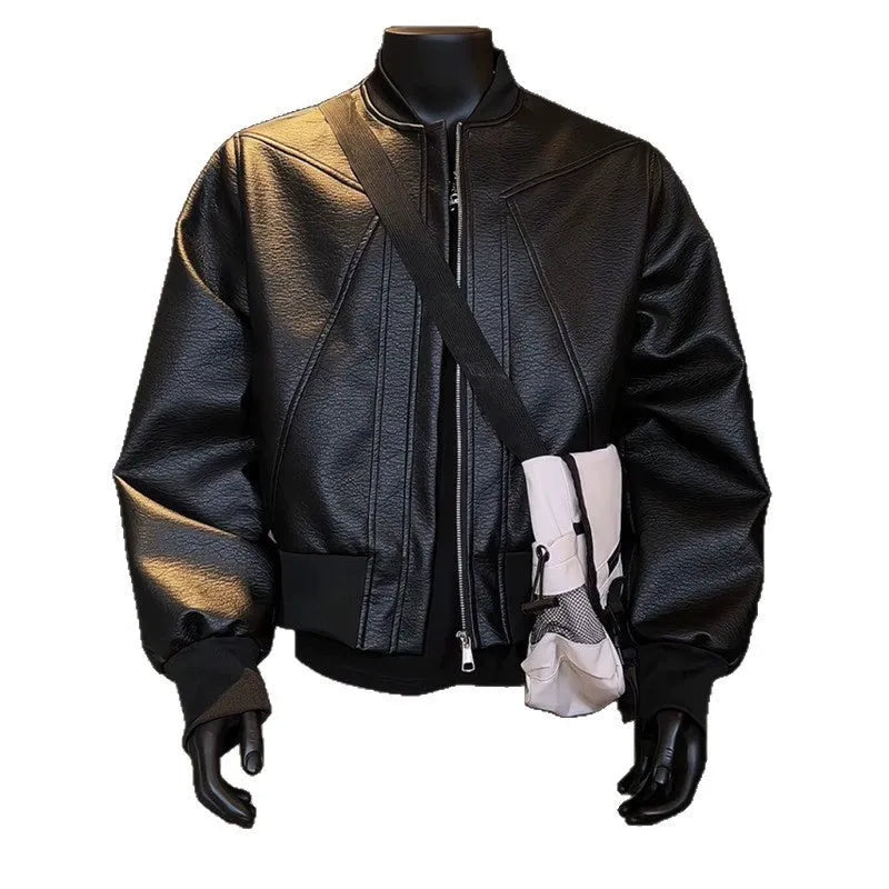 Men's black PU leather jacket with litchi texture and extended 100cm length