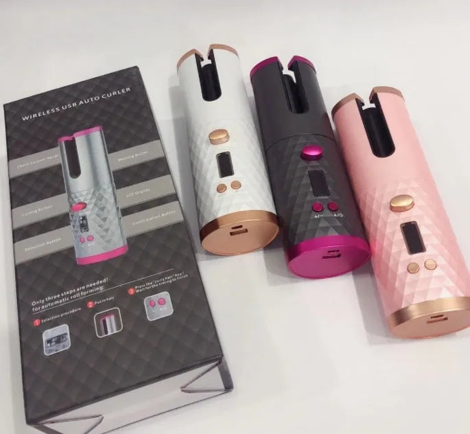 Portable mini curling iron with USB charging port and ceramic barrel on white background