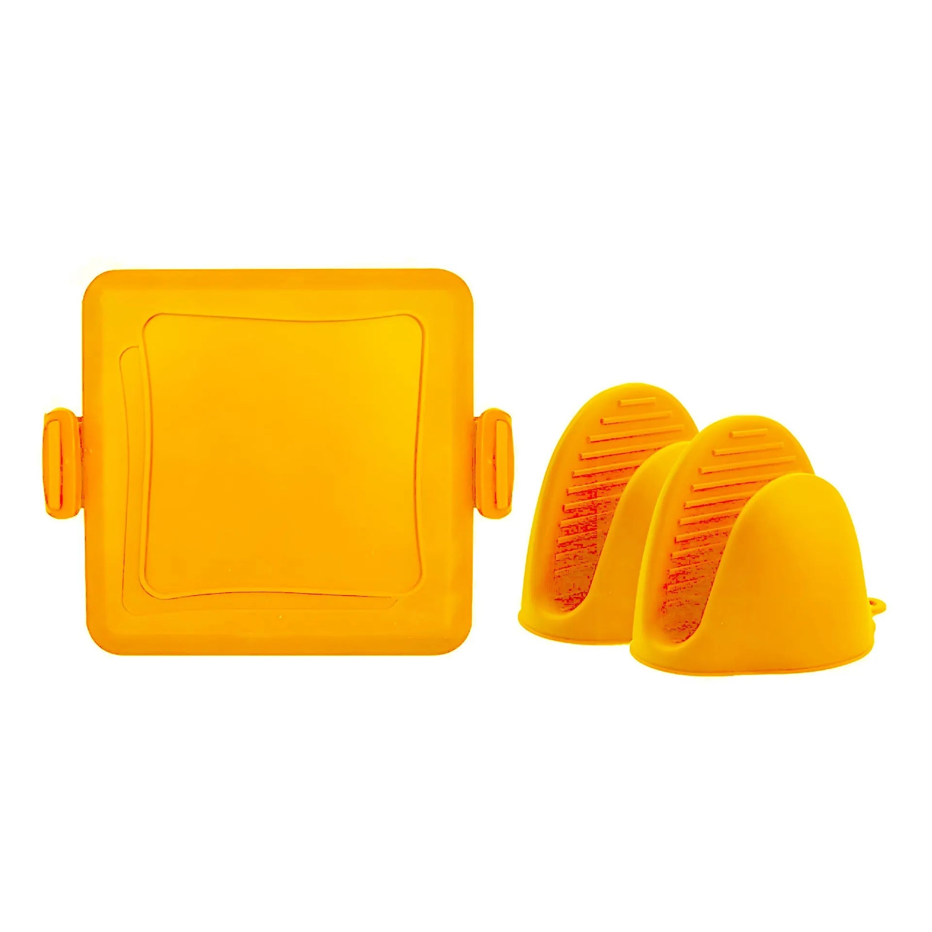 Red silicone baking tray and matching anti-scald gloves set on a kitchen counter.