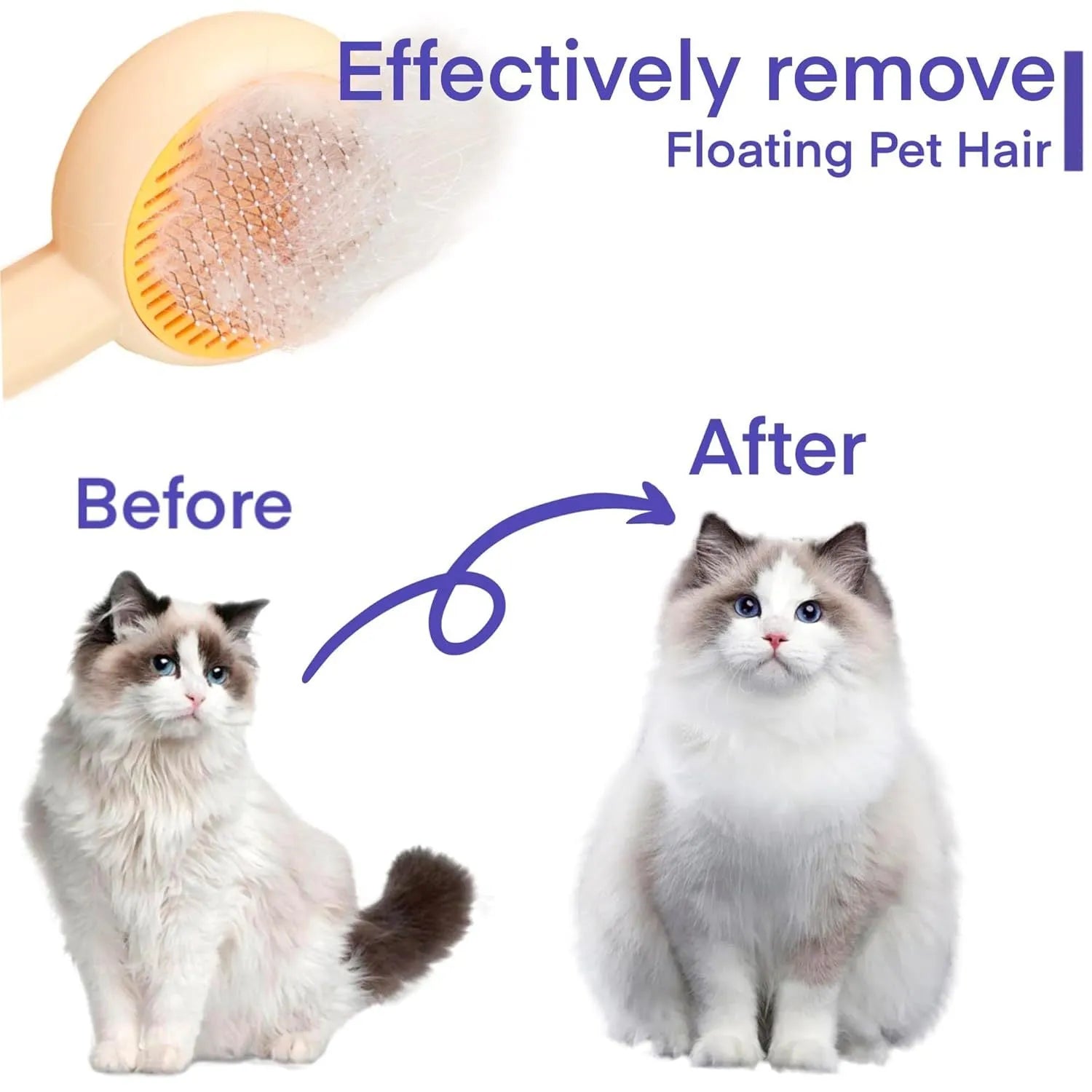 Blue pet grooming brush with metal angled needles and a self-cleaning button on the plastic handle.