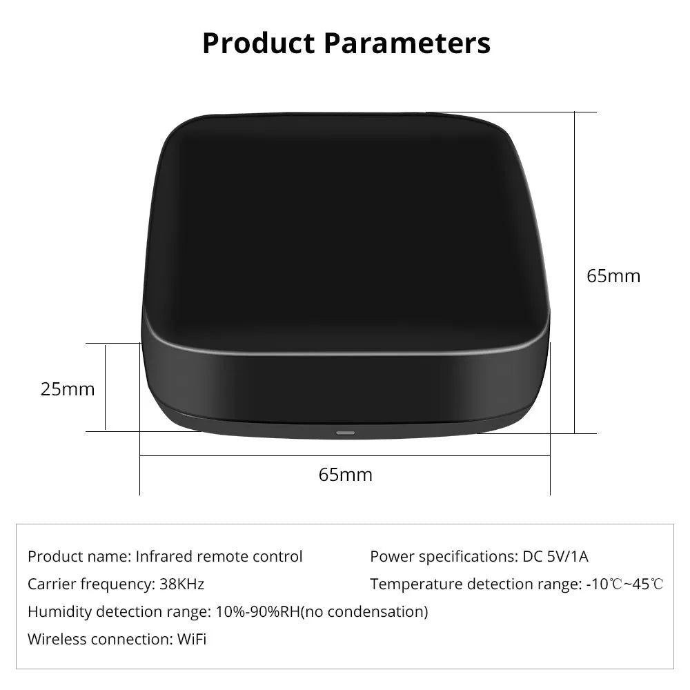 Black universal infrared remote control with voice command and WiFi connectivity.