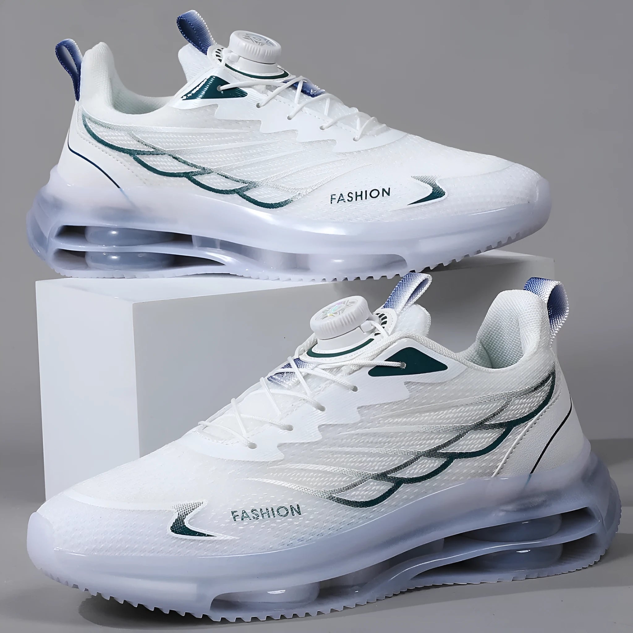 White men's casual running shoes with rotating button closure and mesh uppers
