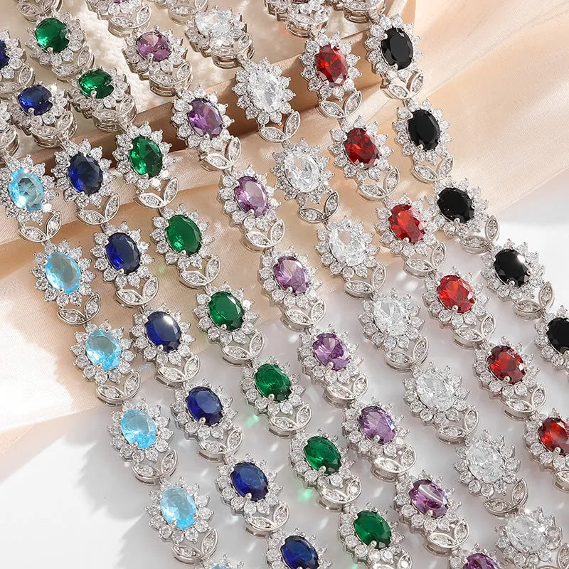 Women's bracelet with inlaid zircon gemstones in multiple colours on environmentally friendly alloy band