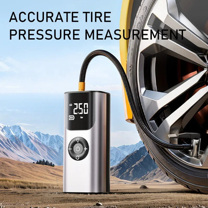 Car portable wireless tyre inflator 80W ABS air pump with pressure gauge and warning light in black
