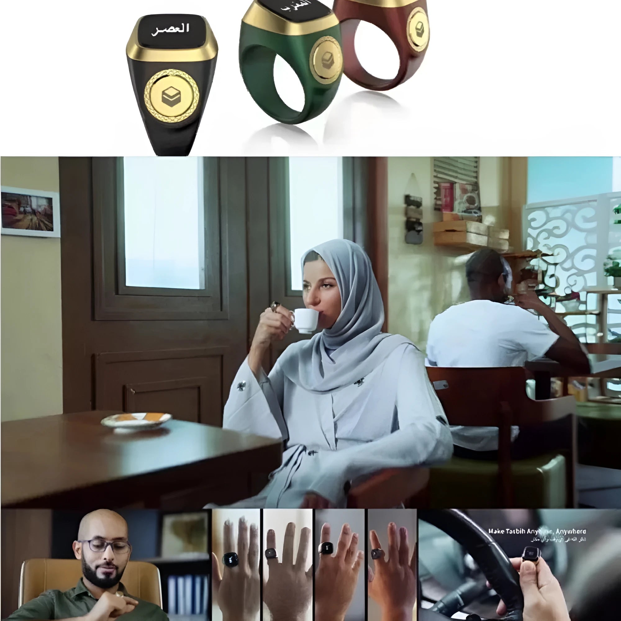 Zikr1 smart ring with OLED display showing prayer times, available in black, green, rose gold, and silver colours