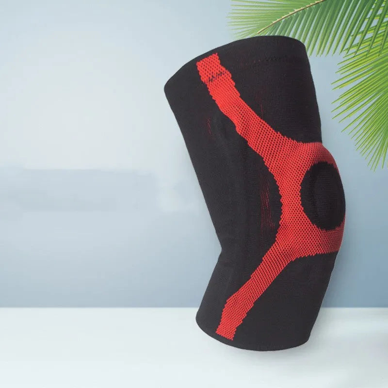 Red and grey silicone kneecap sports pads for running and climbing in four sizes