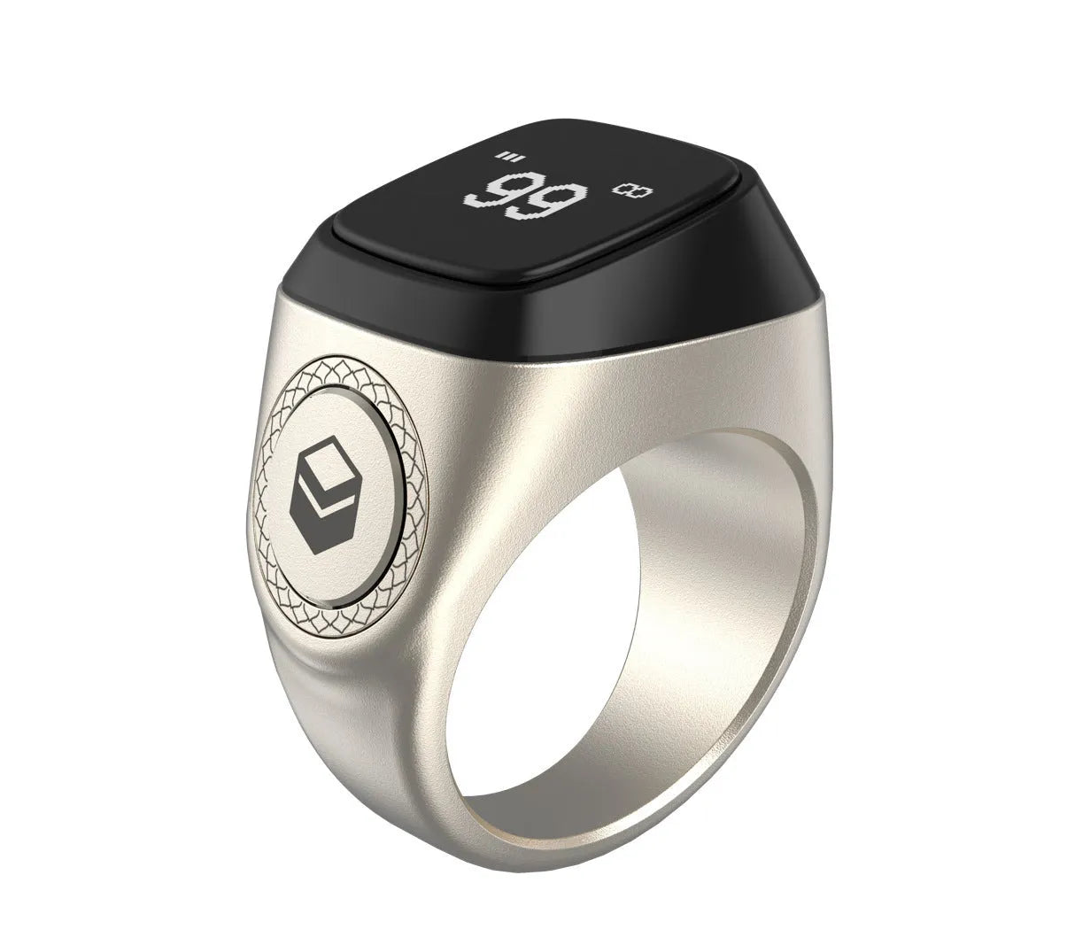 Zikr1 smart ring with OLED display showing prayer times, available in black, green, rose gold, and silver colours