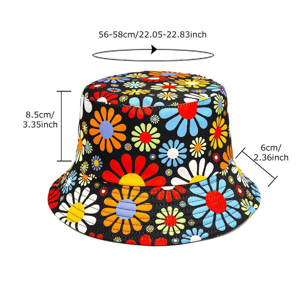 Floral print polyester bucket hat with dome crown in medium size 56-58cm