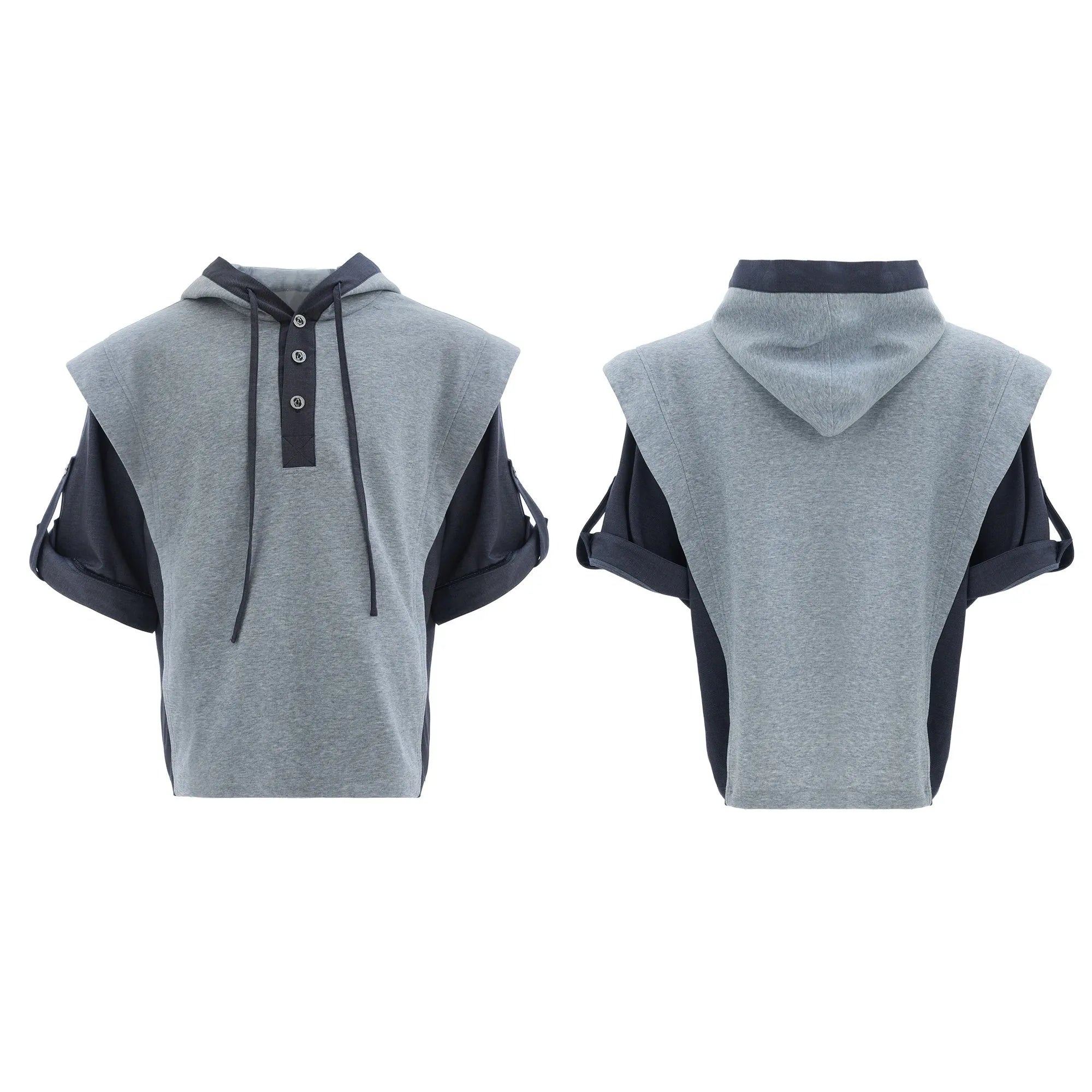 Men's black hooded short sleeve sports jacket with three-dimensional stitching and matching trousers