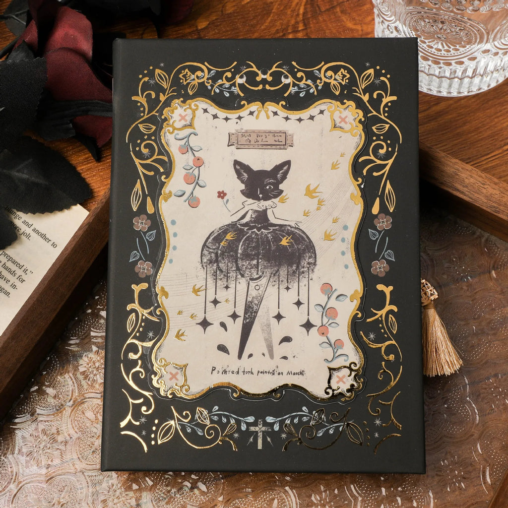 Retro art A5 notebook with gothic style cover designs showing rabbit motifs, forest themes, and fruit patterns