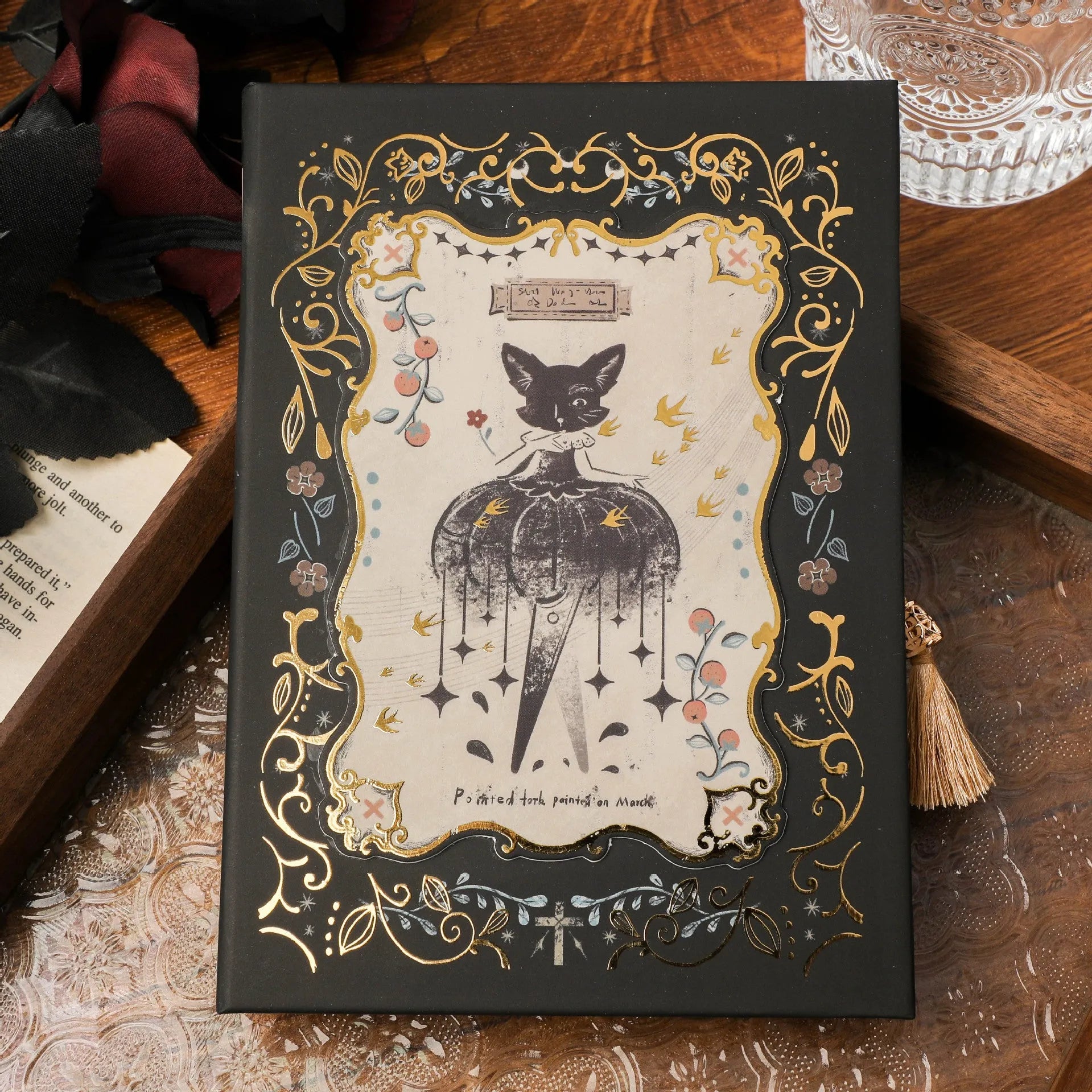 Retro art A5 notebook with gothic style cover designs showing rabbit motifs, forest themes, and fruit patterns