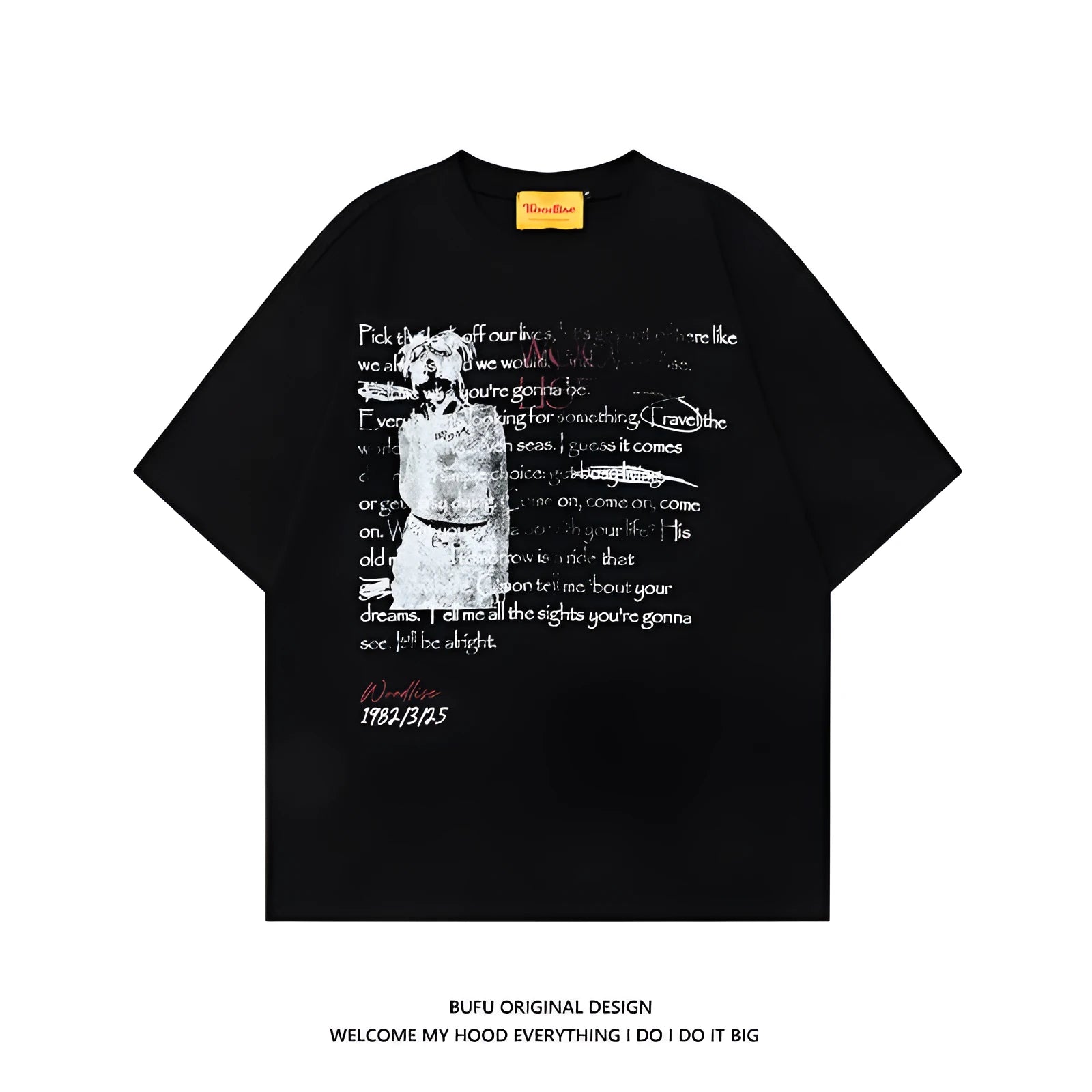 Men's black retro hip hop T-shirt with white letter printing and raglan sleeves