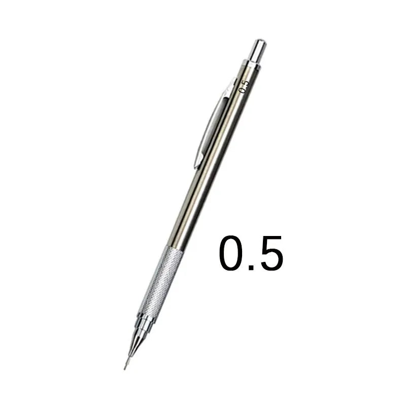 Metal automatic mechanical pencil shown with selection of compatible lead sizes including 0.5mm and 2.0mm.
