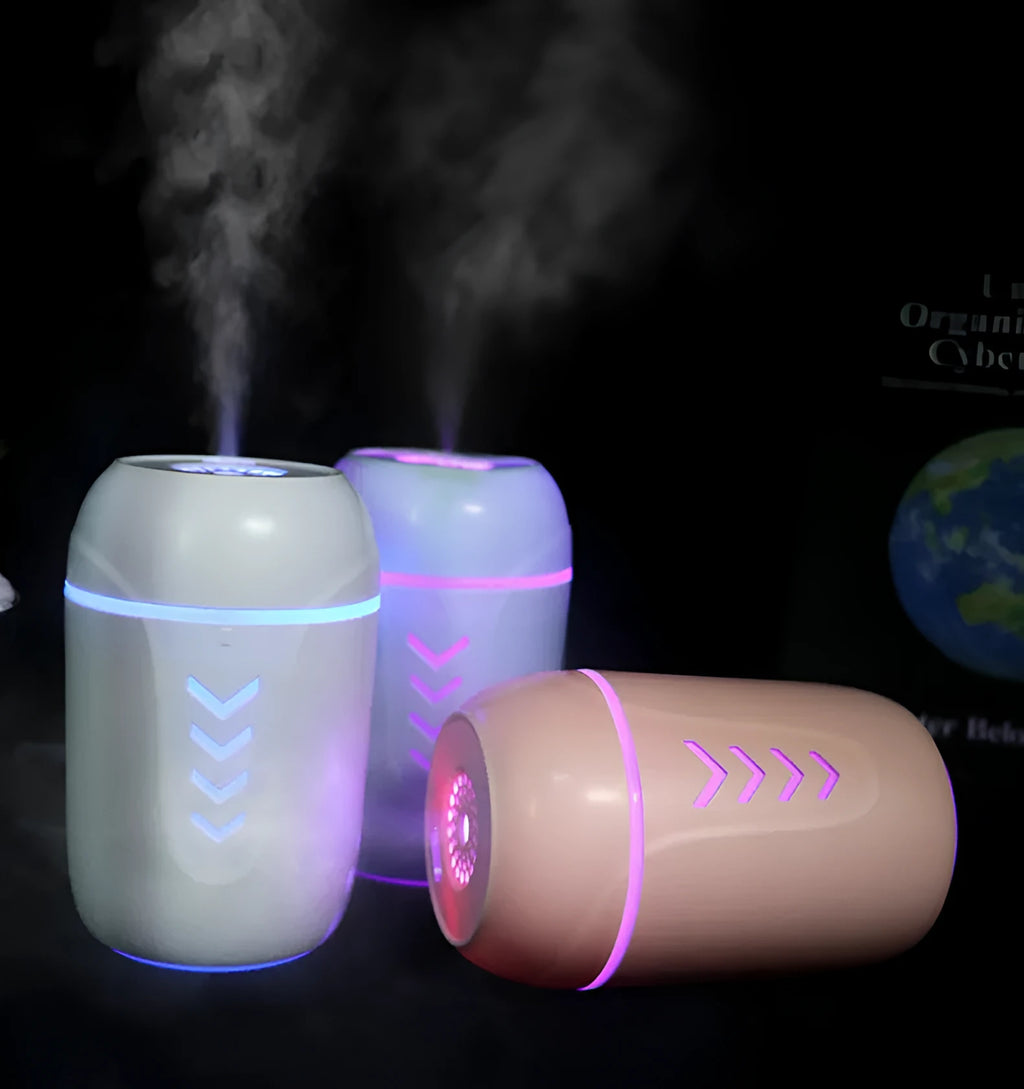 X3 model portable columnar car humidifier in blue, white, or pink with 200ml tank.