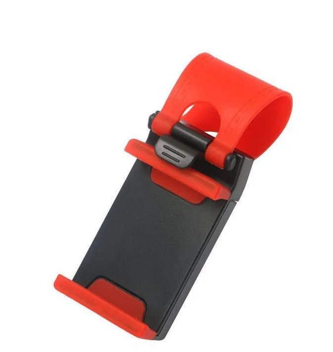 Black steering wheel phone clip mount holding smartphone for car navigation